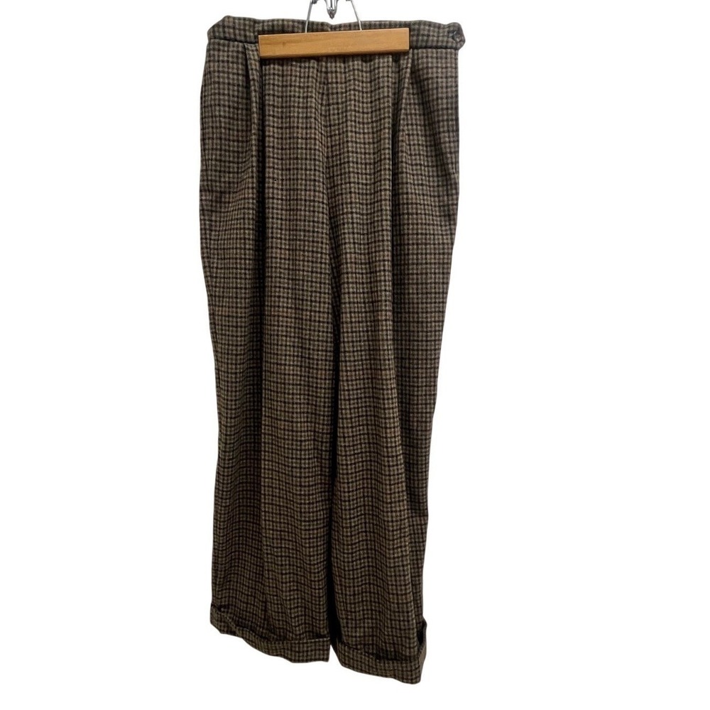 Ralph Lauren Vintage Wool Check Pleated Cuffed Trousers Brown Tan Made in USA 14